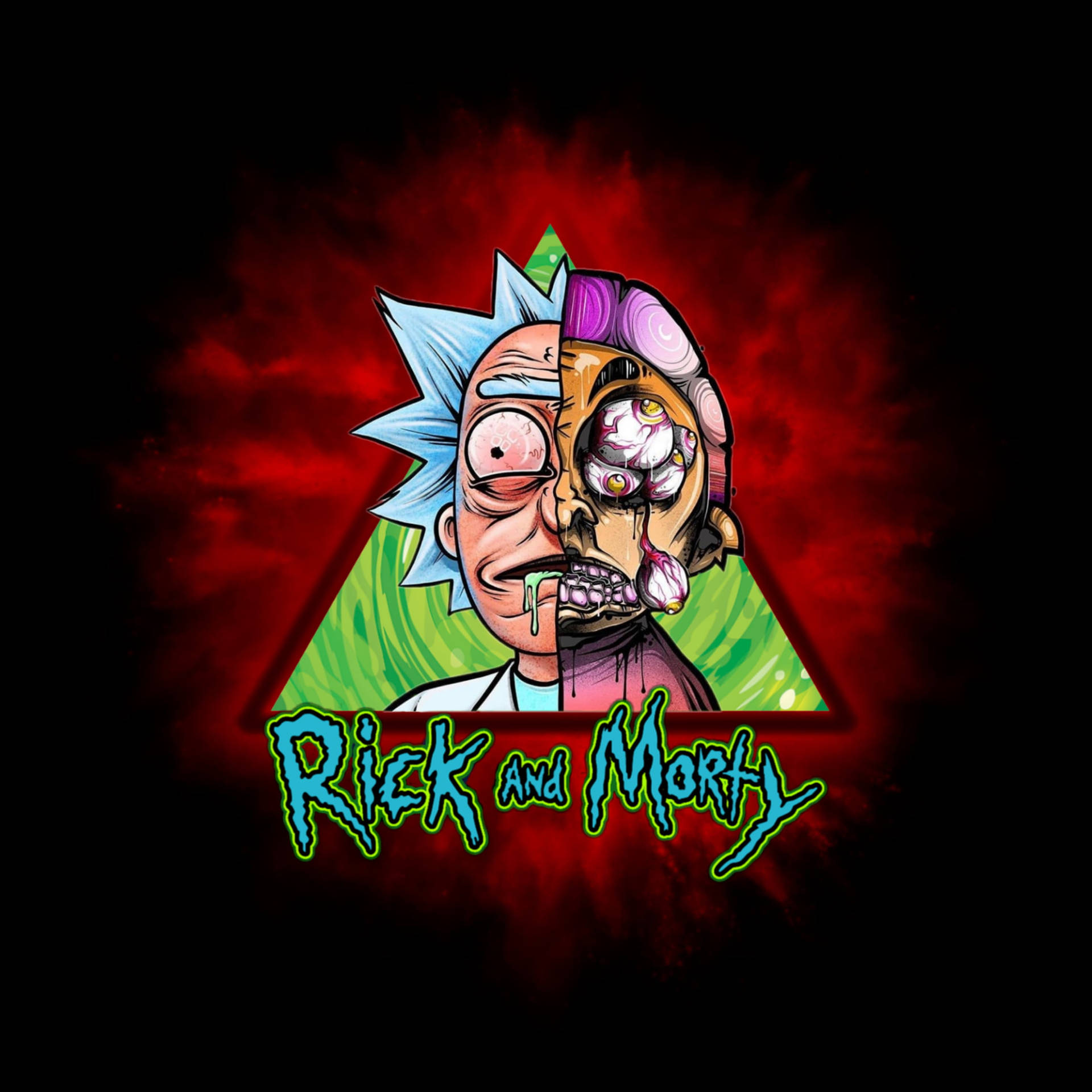 Half-Faced Rick And Morty Trippy Background Wallpaper