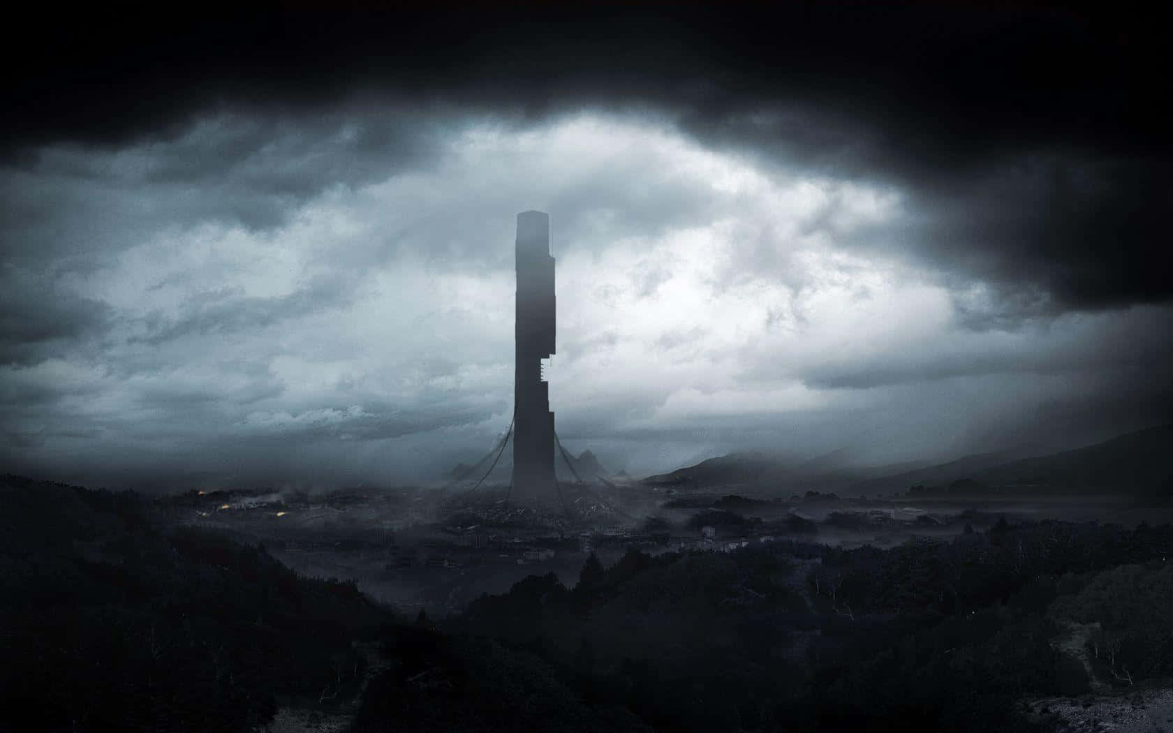 A Tall Tower In The Middle Of A Dark Forest Wallpaper