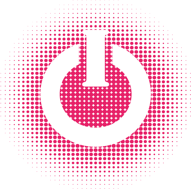 Halftone Flask Pattern PNG — A bold black power symbol glows with vibrant pink halftone dots against a stark black background.