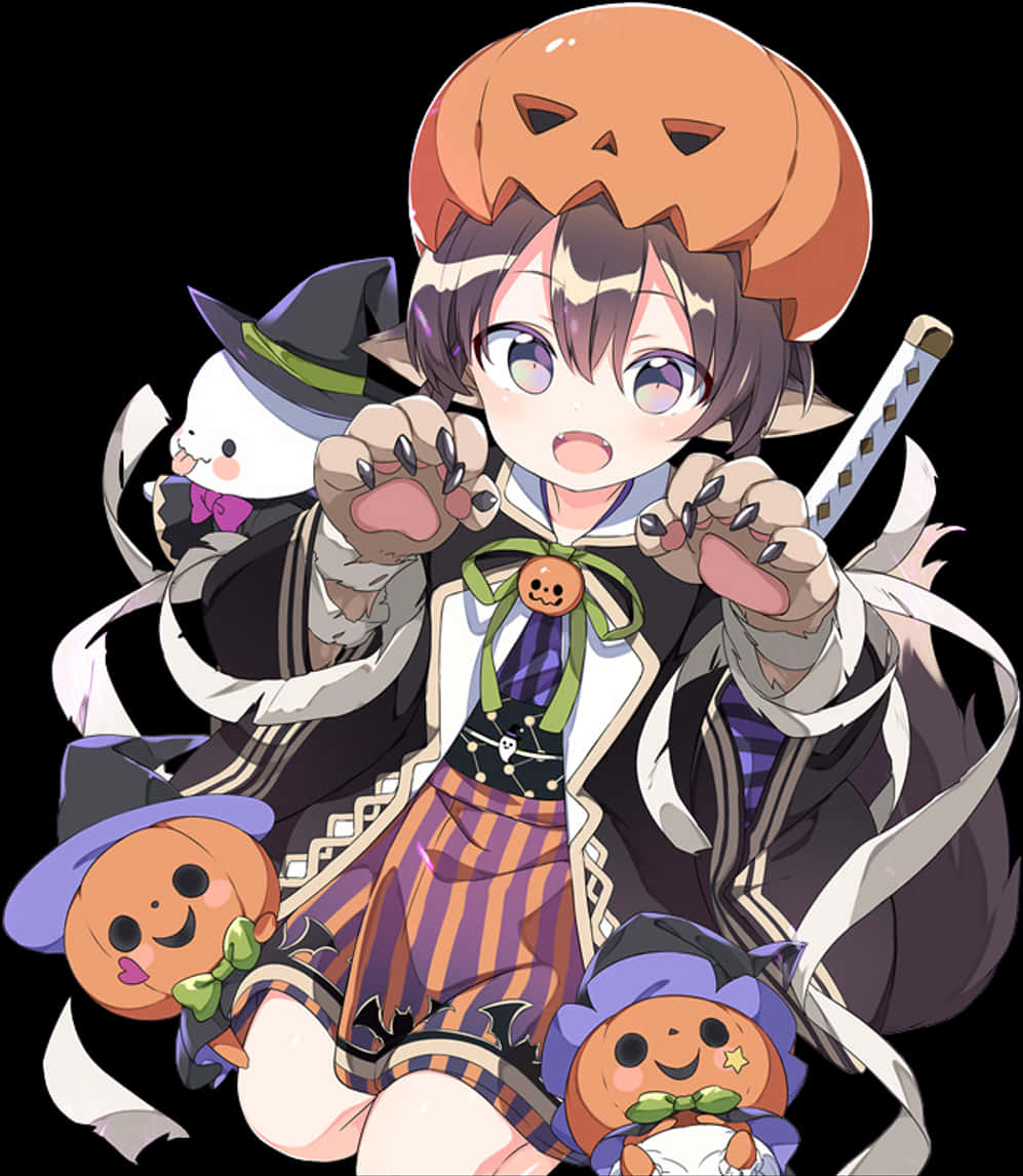 Halloween Anime Boywith Pumpkin Hatand Plushies PNG