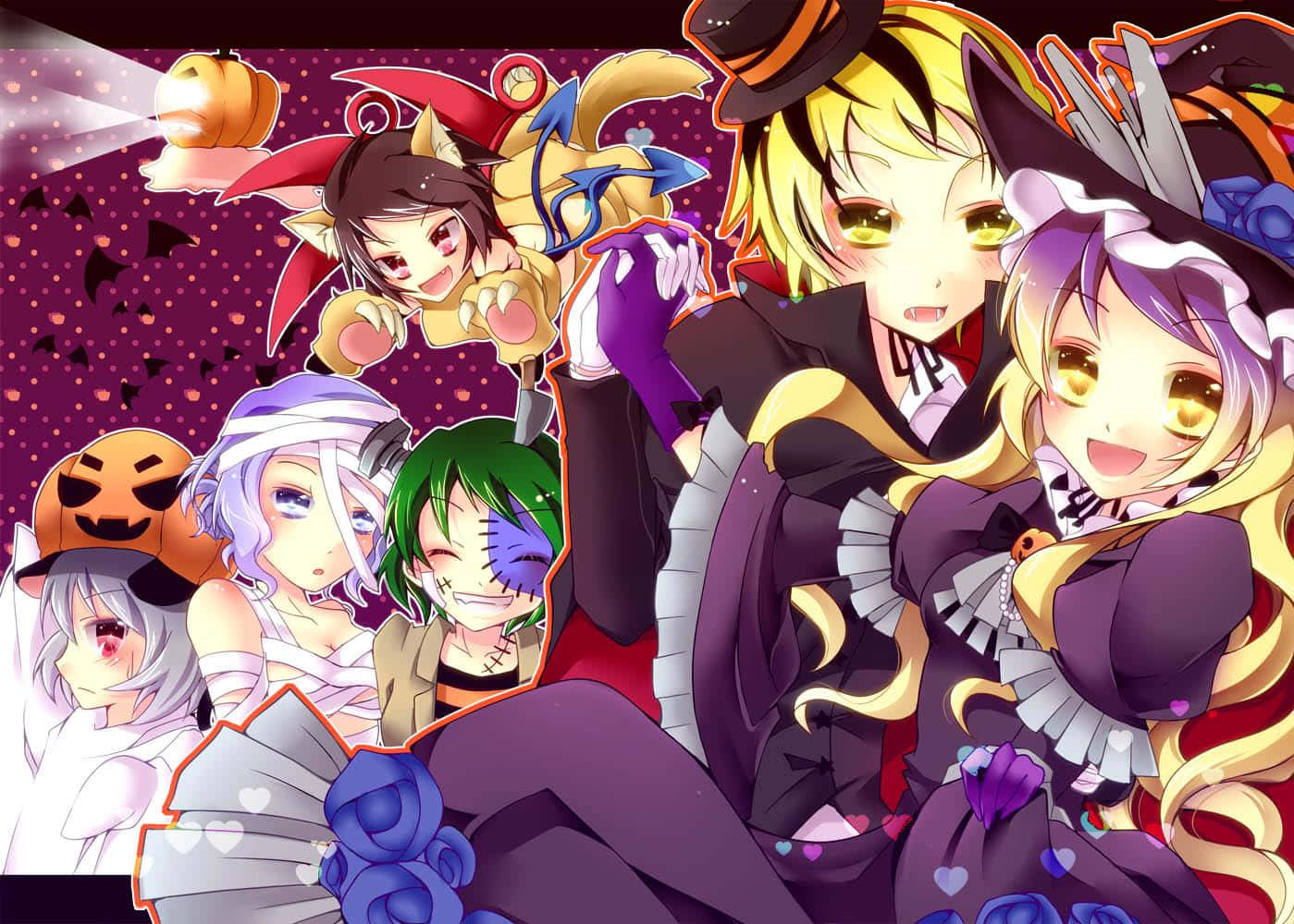 Ungrupo De Personajes De Anime Disfrazados Para Halloween. Fondo de pantalla