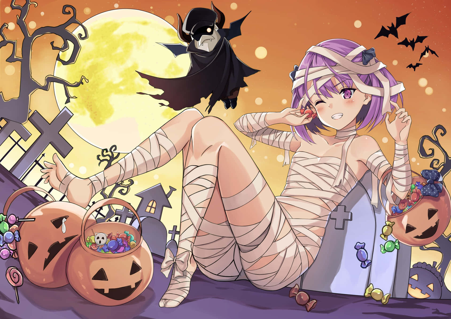 "A Halloween-themed anime girl with a ghostly glow" Wallpaper