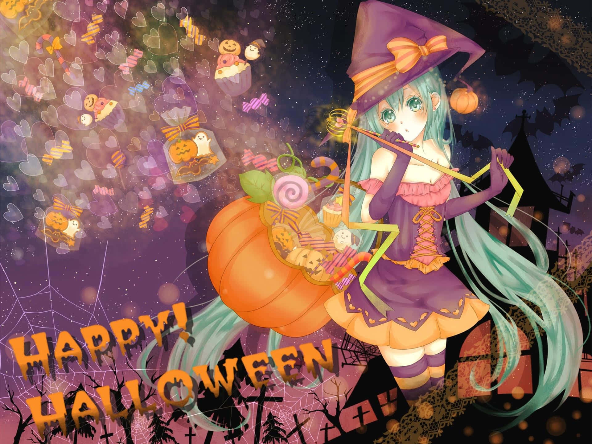 A Halloween Anime Girl with glowing eyes and eerie cape. Wallpaper