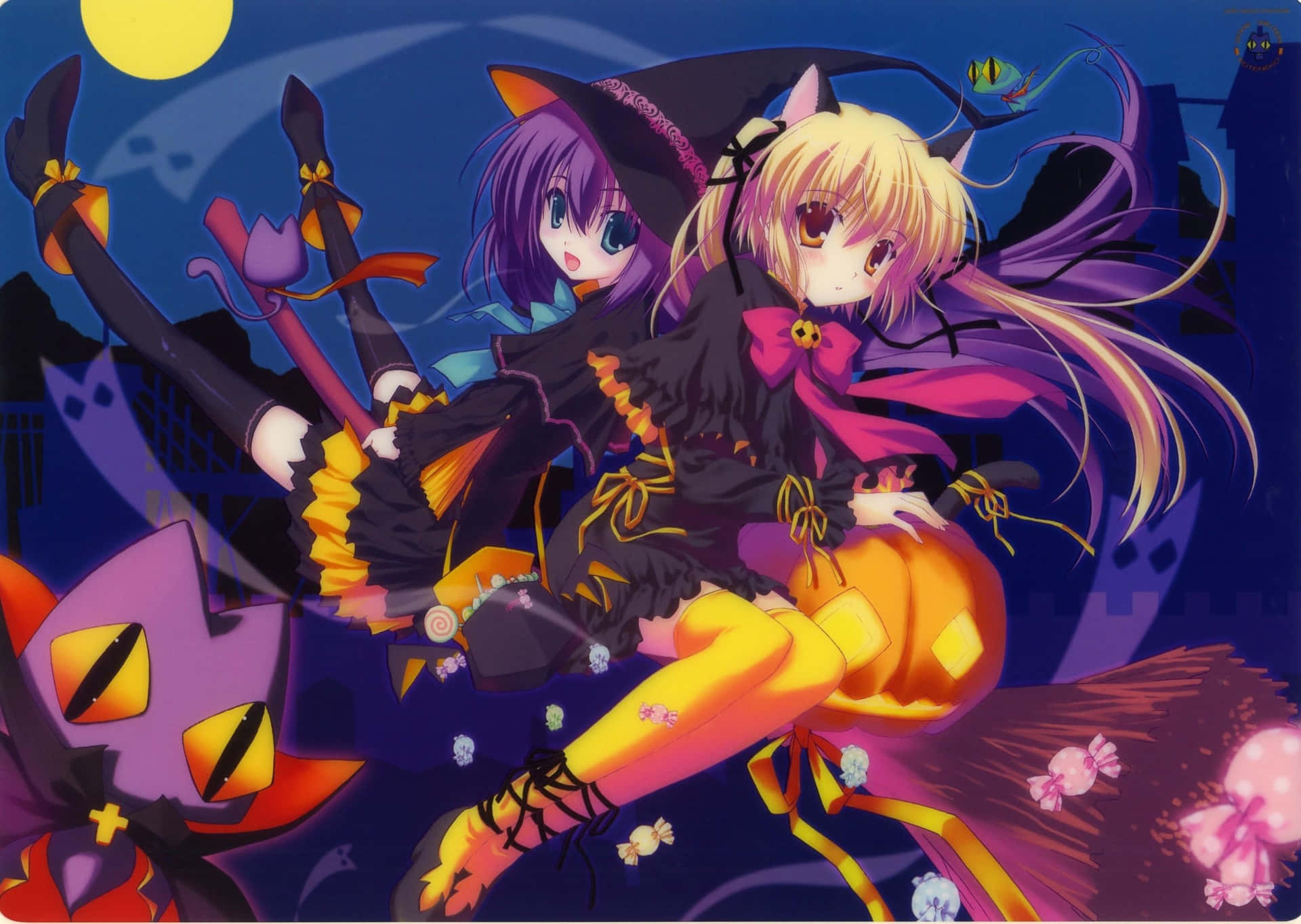 Spooky Halloween Anime Girl with Ghostly Sidekick Wallpaper