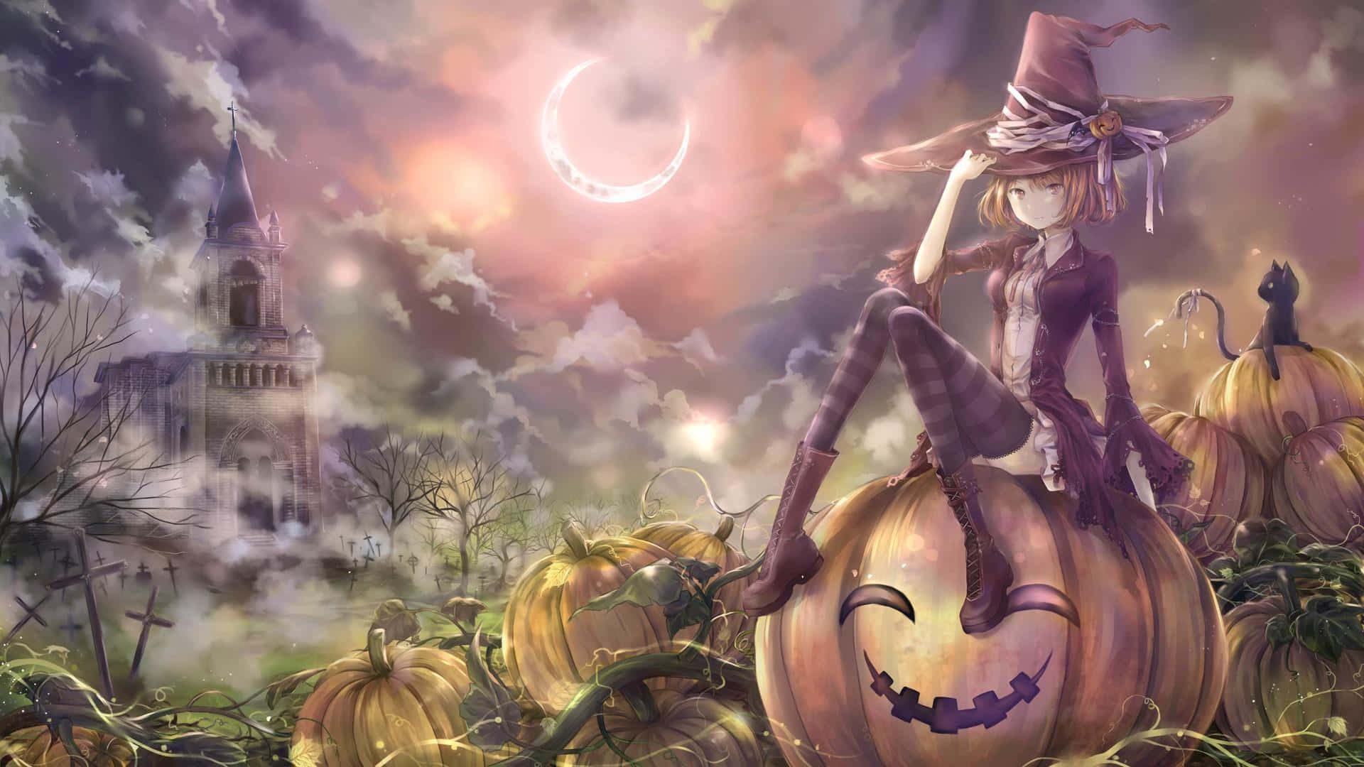 Stik eller behandle med en anime-pige denne Halloween Wallpaper