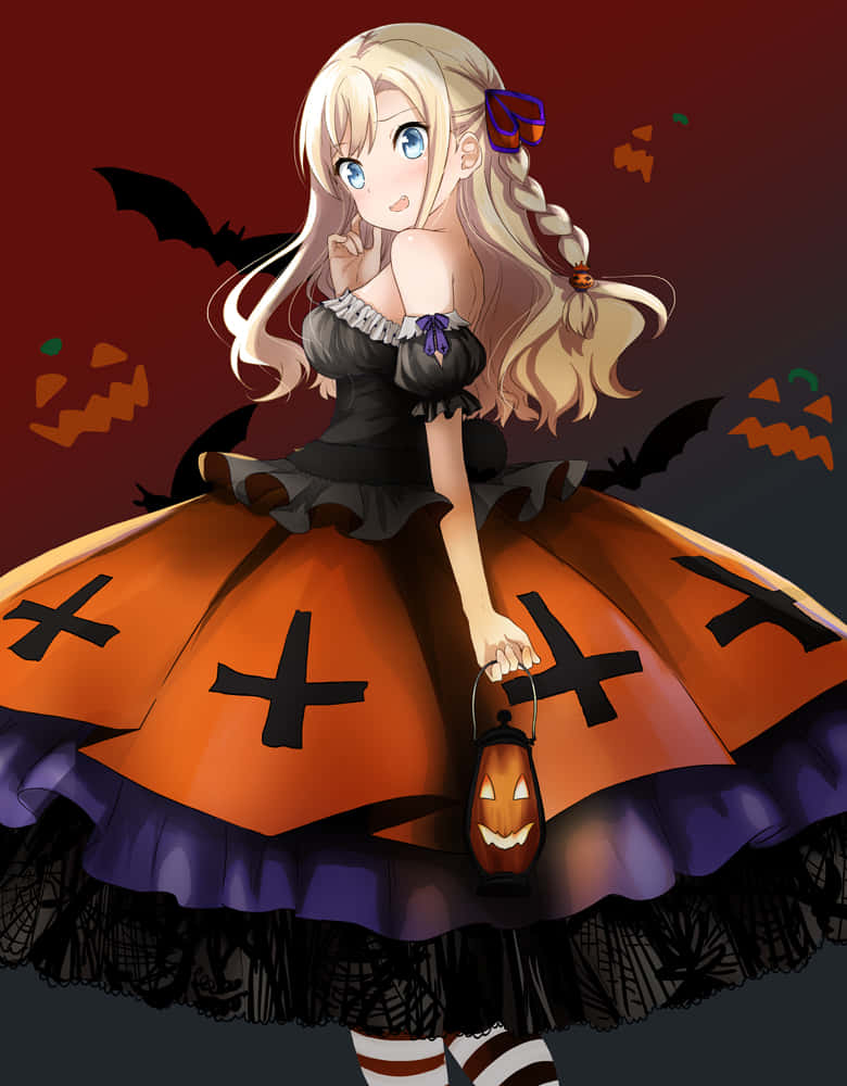 Gadis Anime Halloween Dalam Gaun Labu Wallpaper