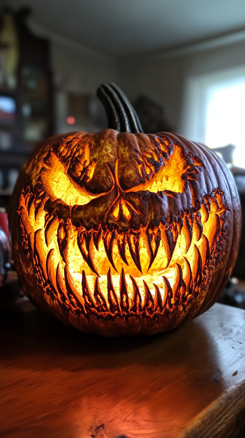 Halloween Background PNG — A menacingly carved pumpkin with glowing orange eyes and jagged teeth sits on a wooden table in a dimly lit room.