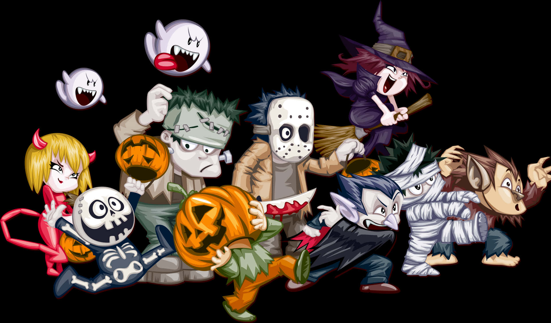 Halloween Cartoon Characters Parade PNG