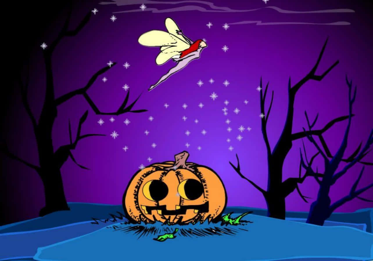 Halloween Cartoon Fairy Flying On Pumpkin Picture