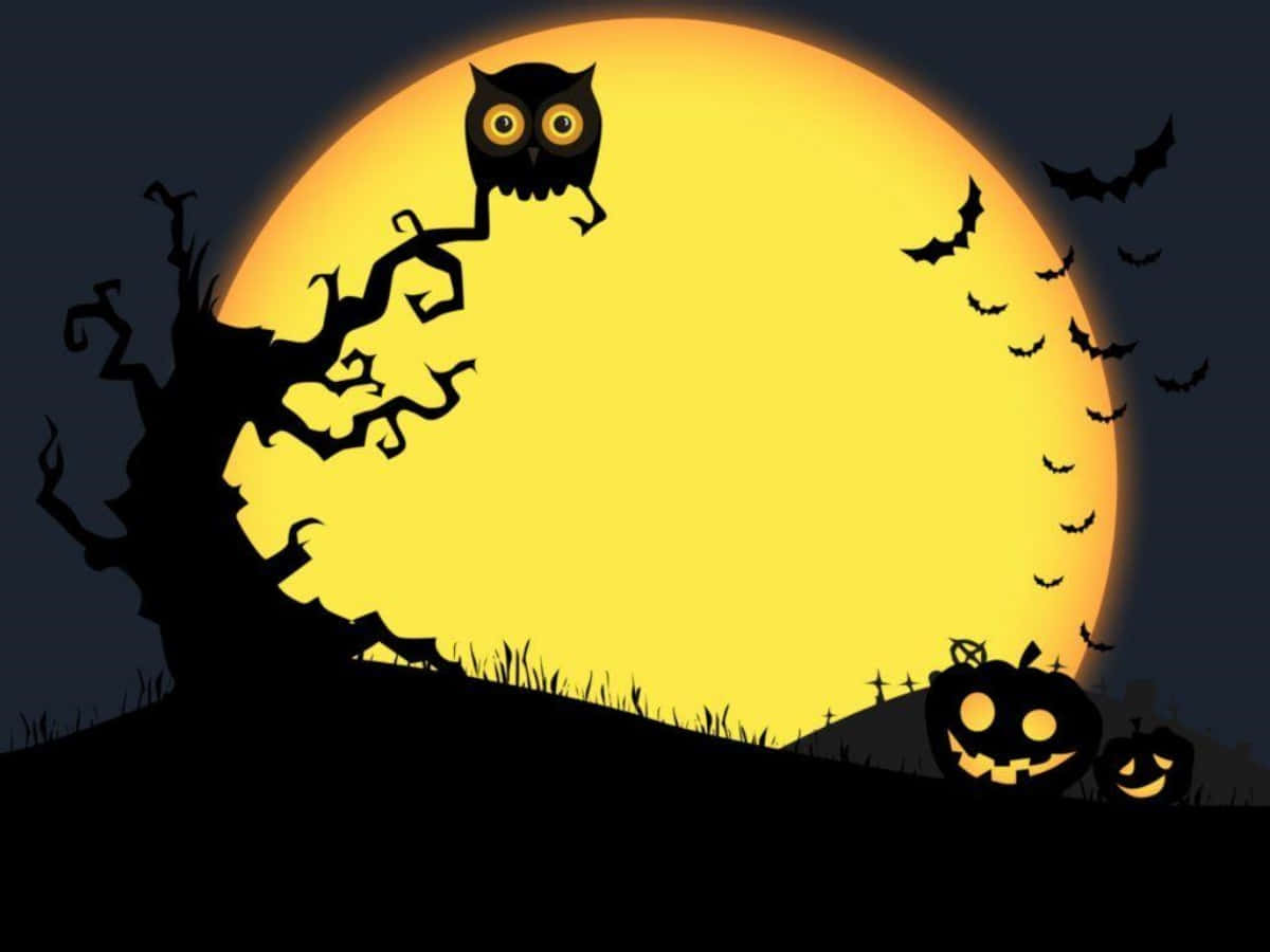 Imagende Un Búho De Dibujos Animados De Halloween En Un Árbol Espeluznante Con La Luna Llena.
