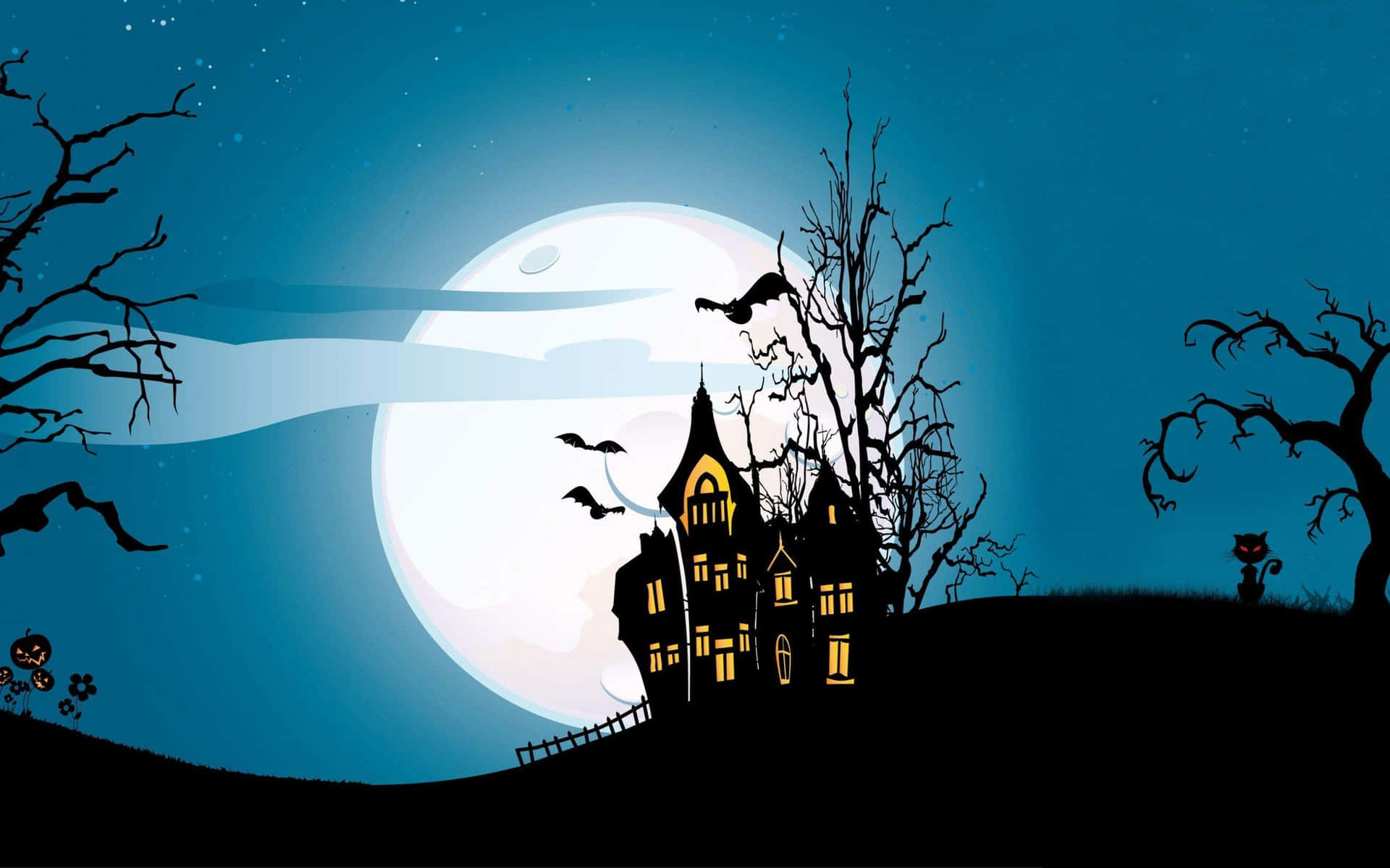 Imagende Una Casa Encantada De Halloween Con Un Dibujo Animado Y Una Luna Llena.