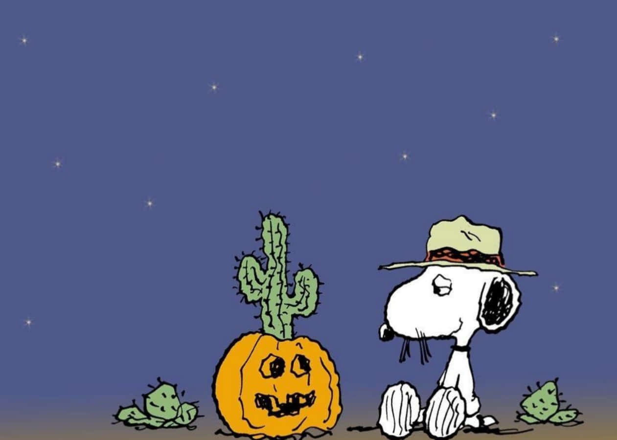 Halloweencartoon Snoopy Med Pumpa Och Kaktus Bild.
