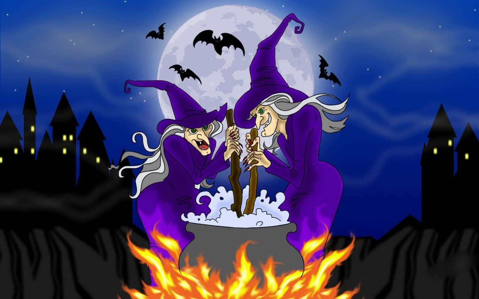 Imagende Brujas De Halloween Mezclando Un Caldero De Dibujos Animados.