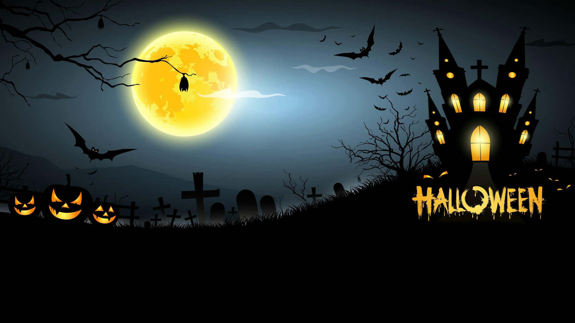 Halloween Cartoon Glowing Haunted House And Moon Picture