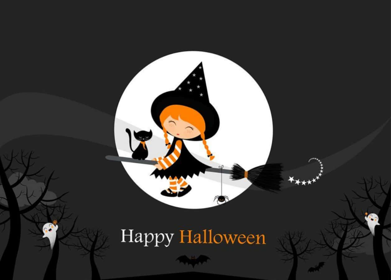 Halloween Cartoon Witch Girl With Black Cat Picture