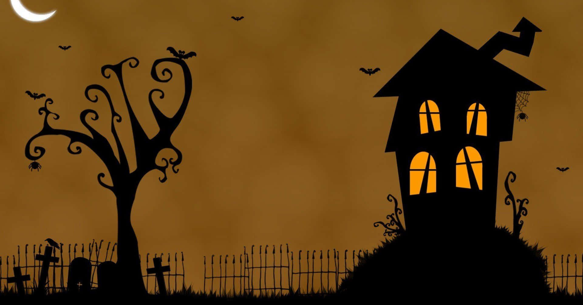 Imagenestética De Halloween De Una Casa Encantada Y Un Árbol En Tono Naranja, Estilo Dibujo Animado.