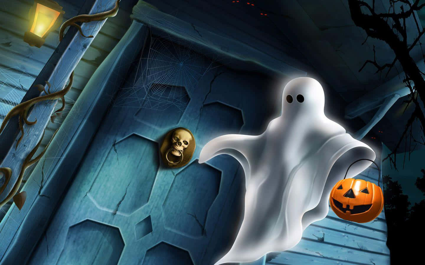 Halloweens Cartoon Ghost Træl eller Behandl Billede Tapet.