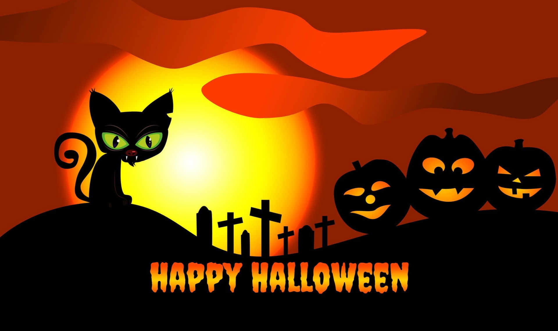 Halloween Cartoon Cat With Pumpkins At Graveyard Picture