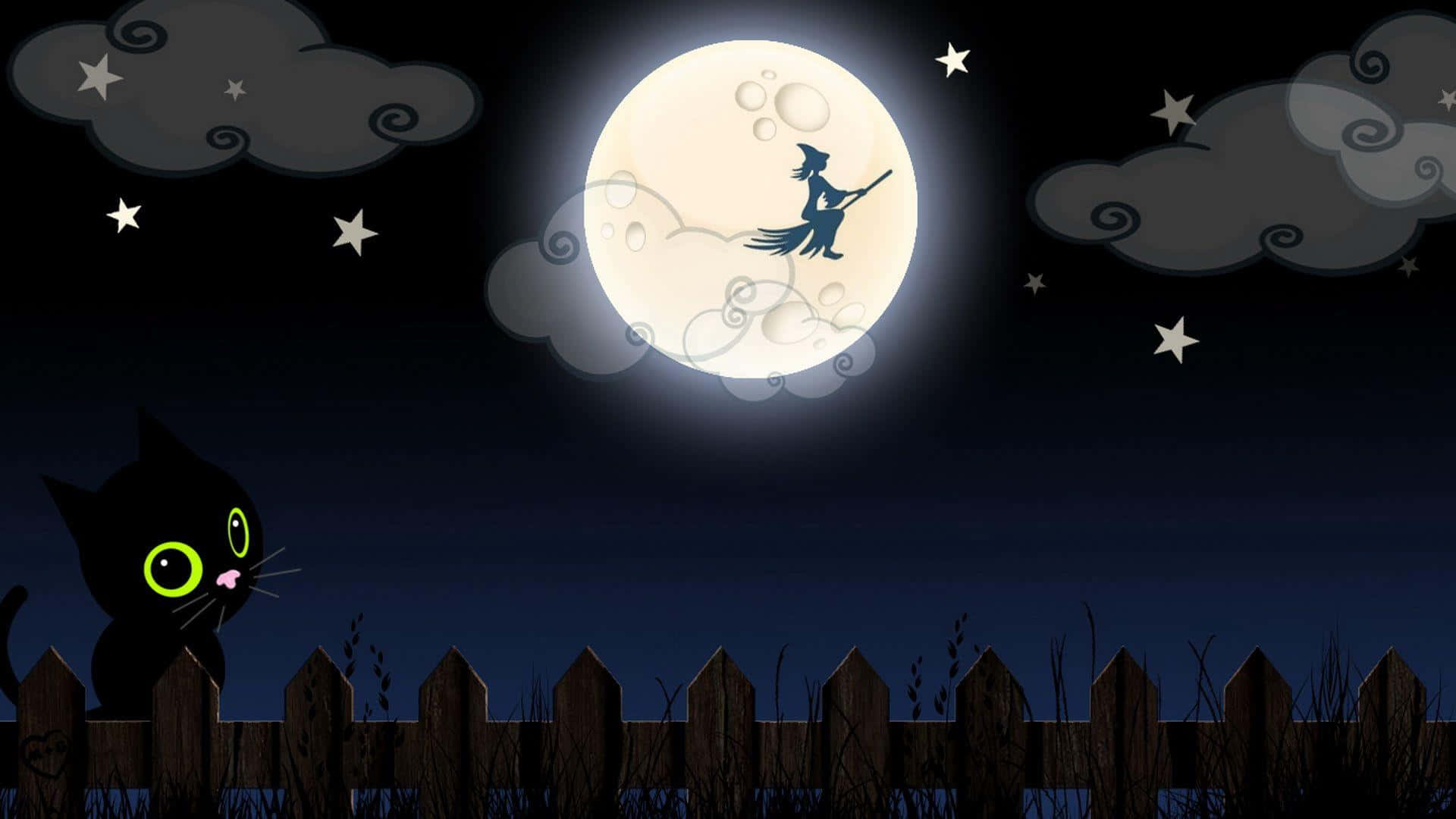 Halloween Cartoon Witch Flying In Night Sky Picture