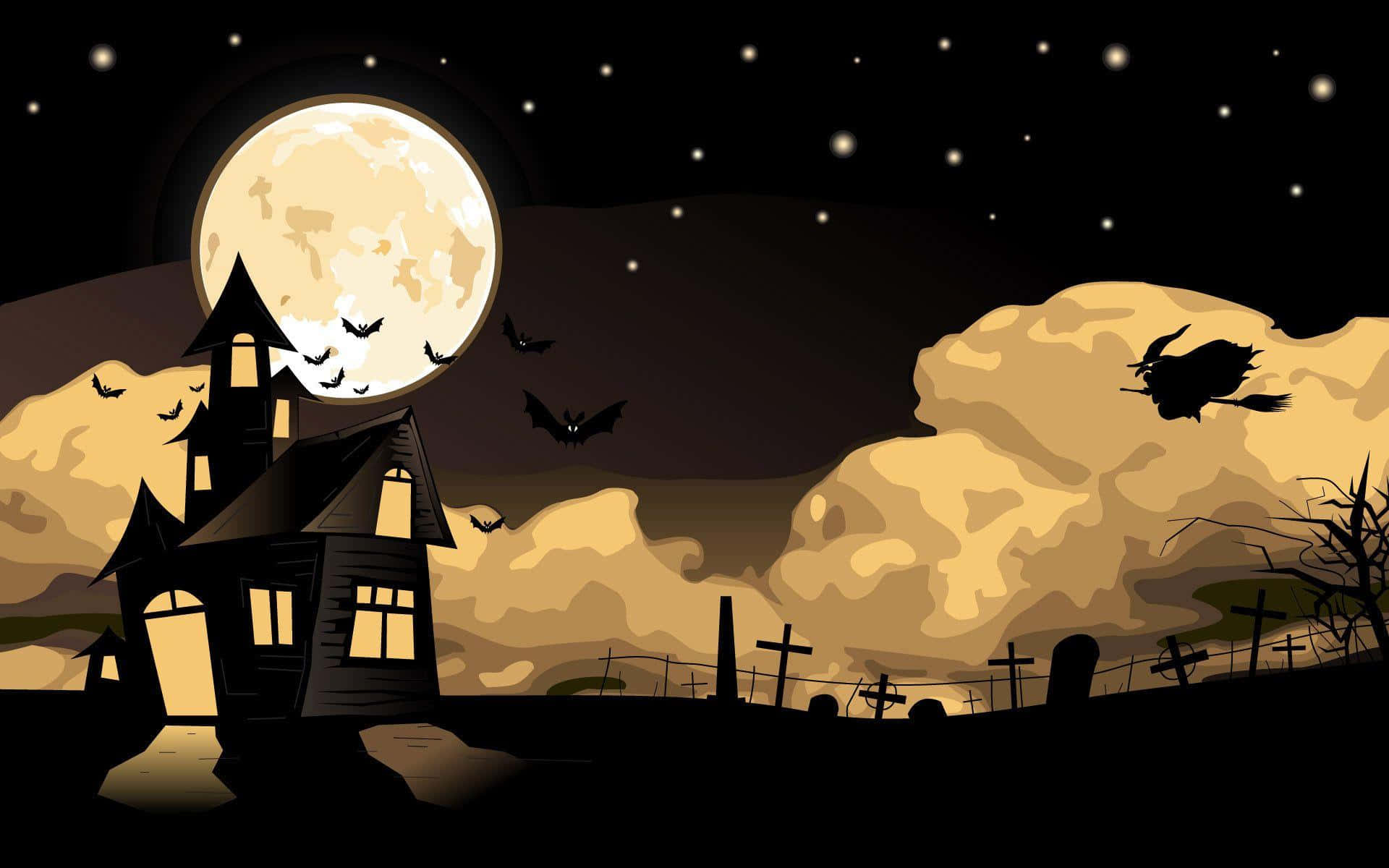 Imagende Una Casa Encantada De Halloween Y Una Silueta De Bruja.