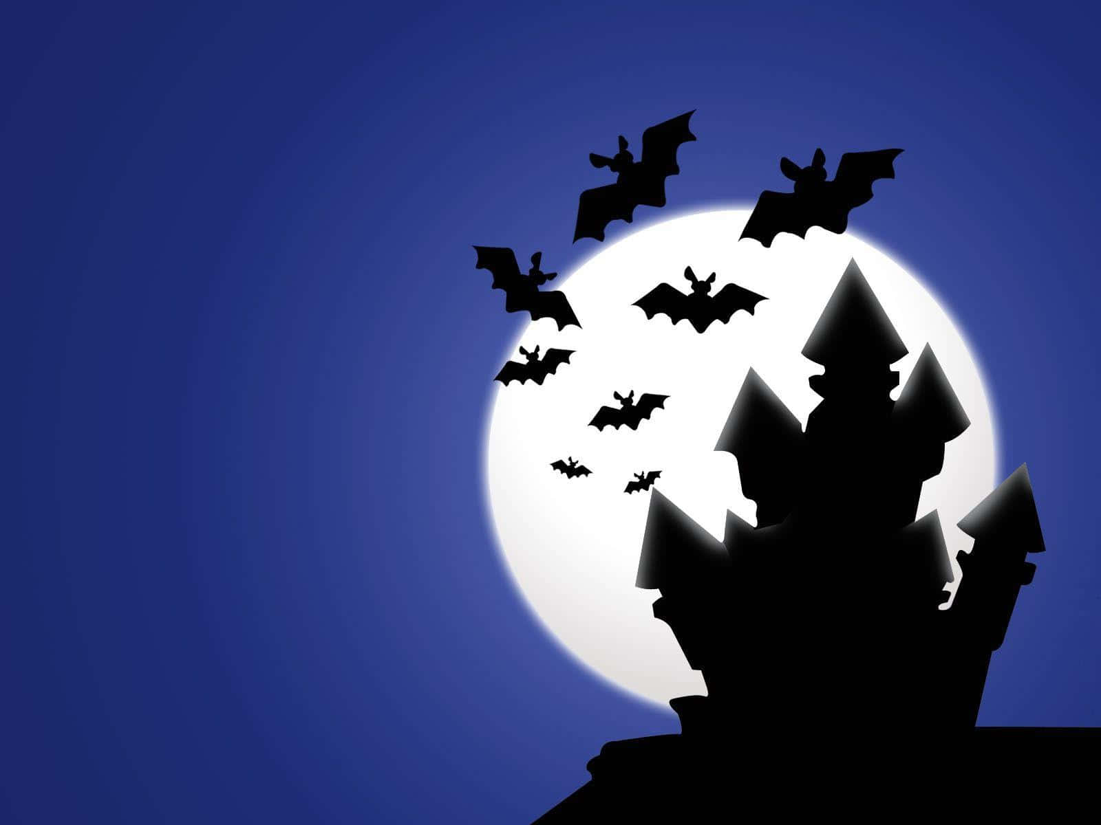 Halloweenzeichentrick Fledermäuse, Die Über Einem Verlassenen Haus Fliegen Bild