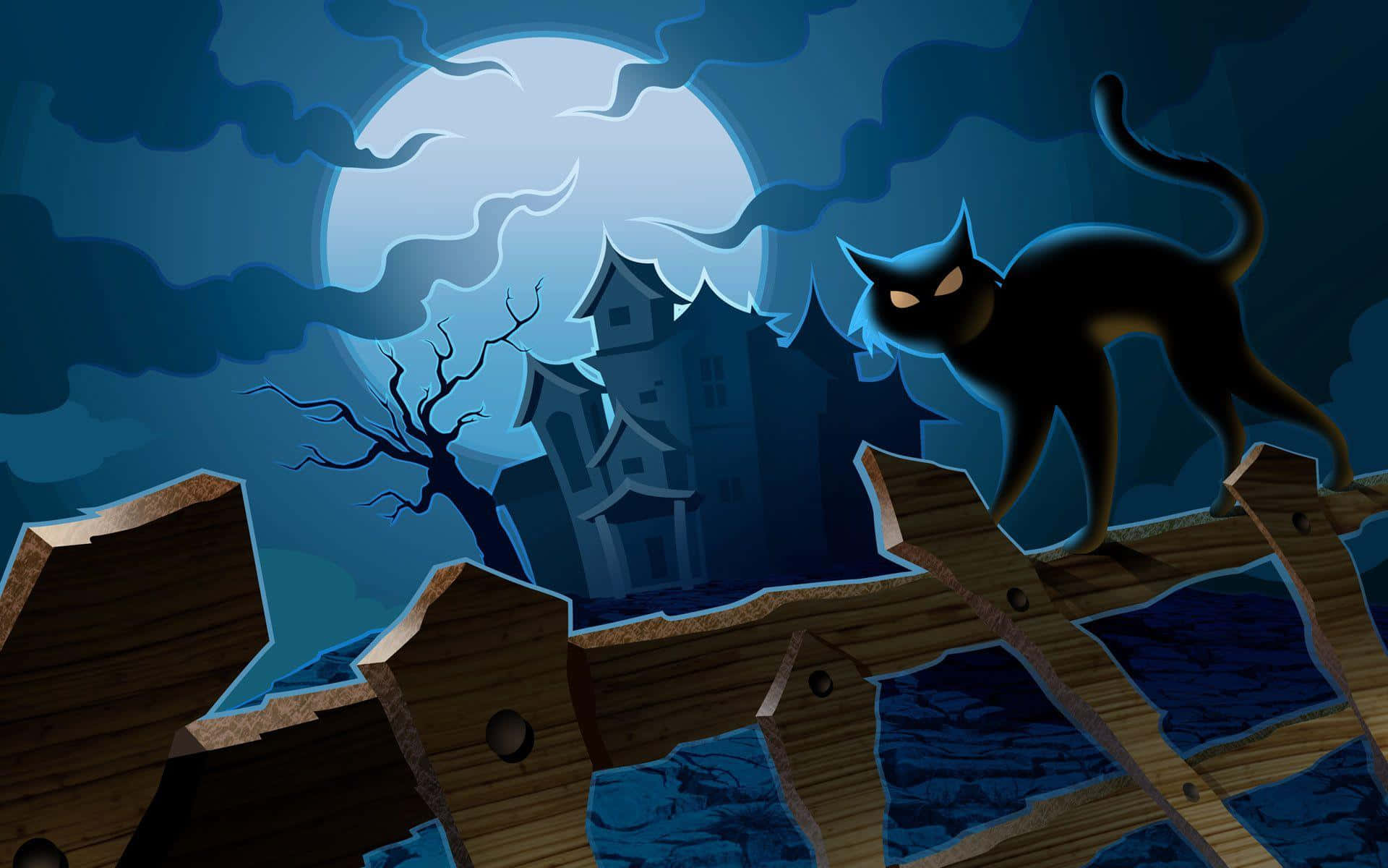Halloween Cartoon Black Cat On Fence With Haunted House Picture