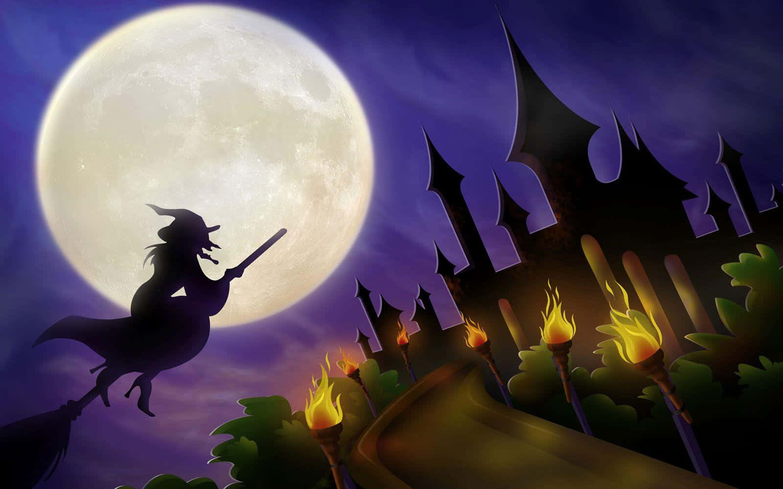 Imagende Una Bruja De Dibujos Animados Volando Durante La Luna Llena En Halloween.
