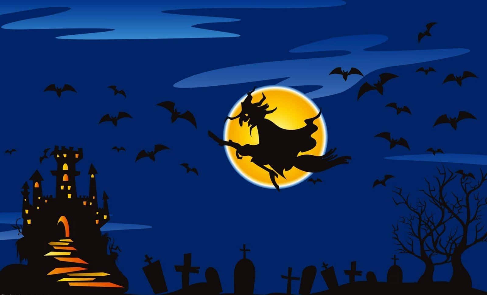 Halloween Tegneserie Flygende Heks Hjemsøgt Hus Billede Tryk