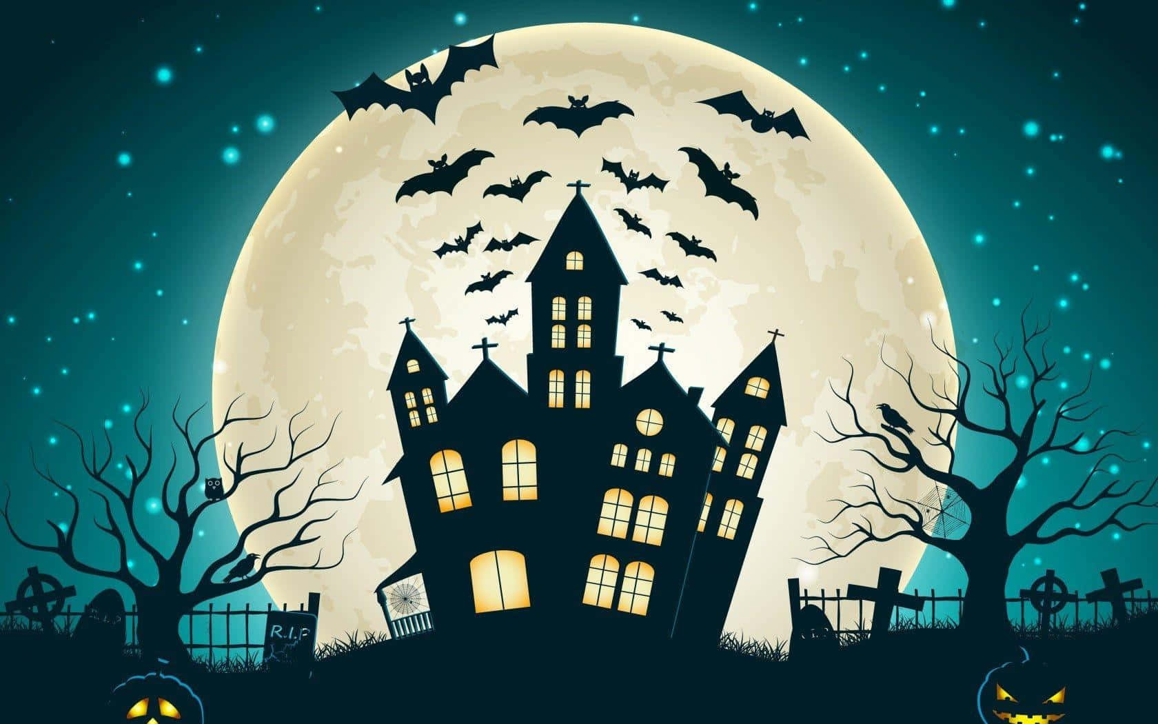 Tegning af et Halloween skrækindjagende hus med fuldmåne og stjernerbillede