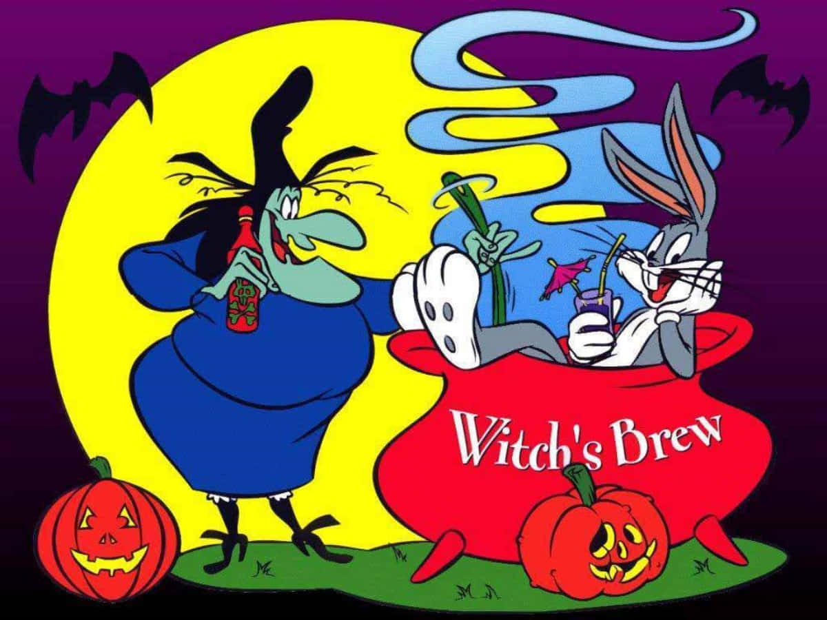 Cartoondi Halloween Con Una Strega Che Prepara Una Pozione Con Bugs Bunny