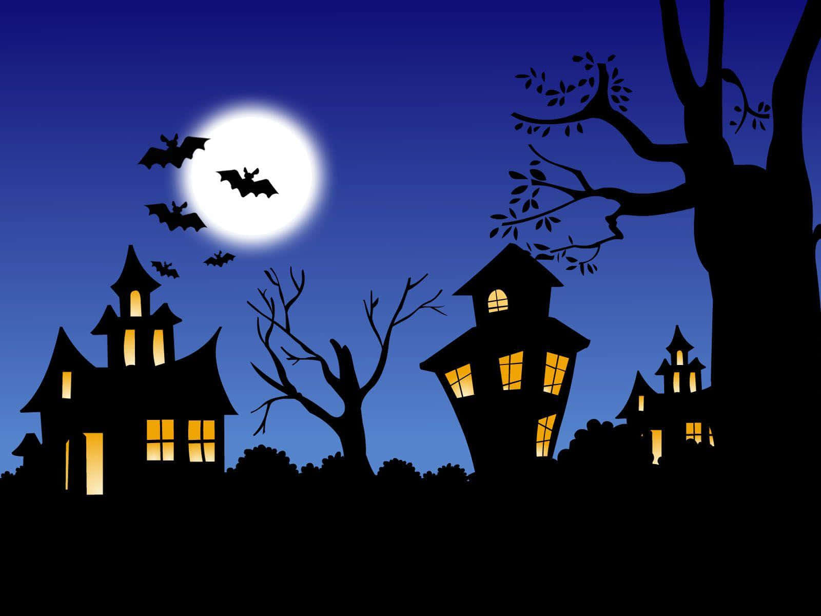 Halloween Cartoon Spøgelseshuse Under Fuld Måne Billede Tapet
