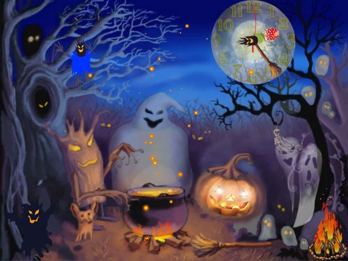 Halloween Cartoon Creatures In Spooky Forest Picture