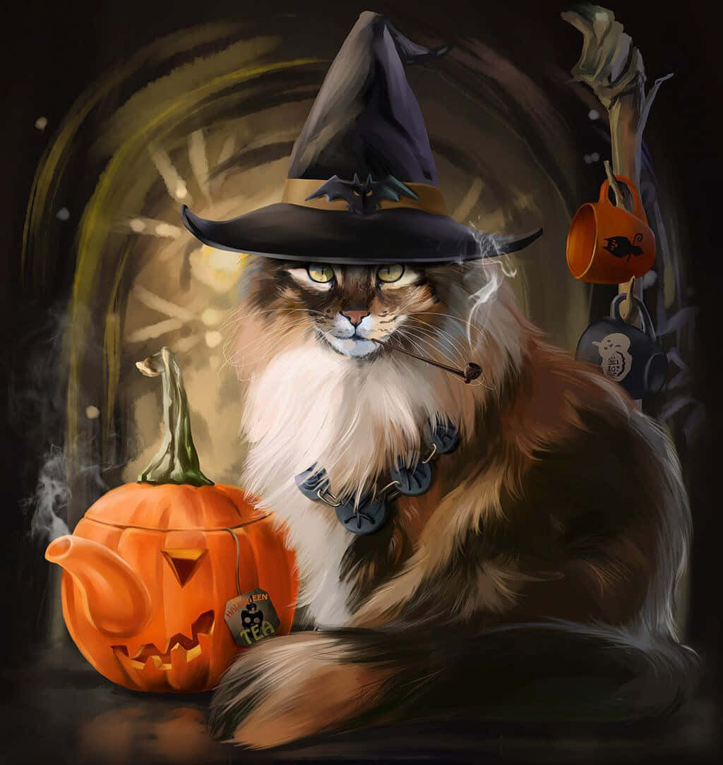 A mischievous black cat preparing for a spooky Halloween Wallpaper
