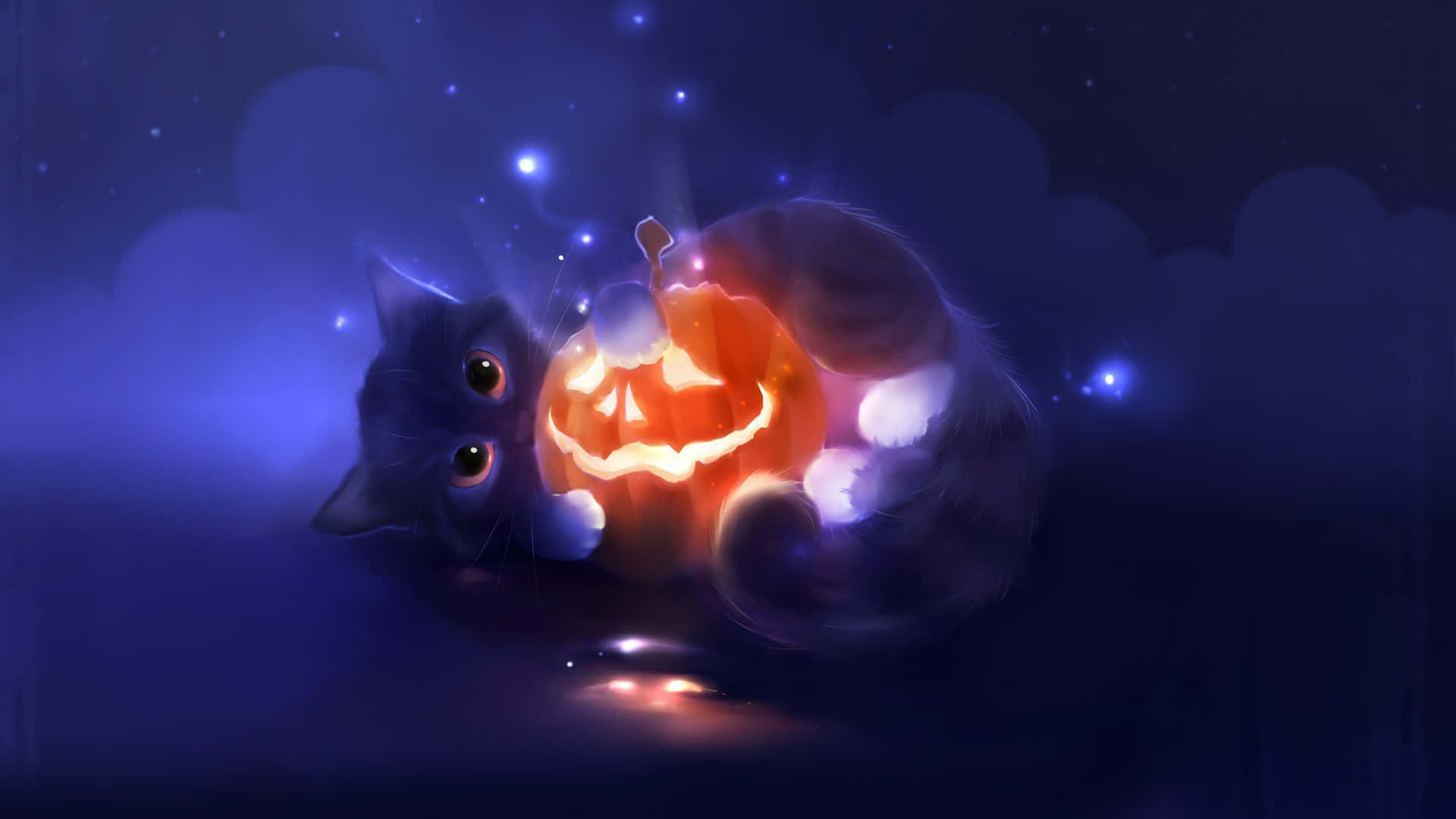 Spooky Halloween Cat with Glowing Eyes Wallpaper