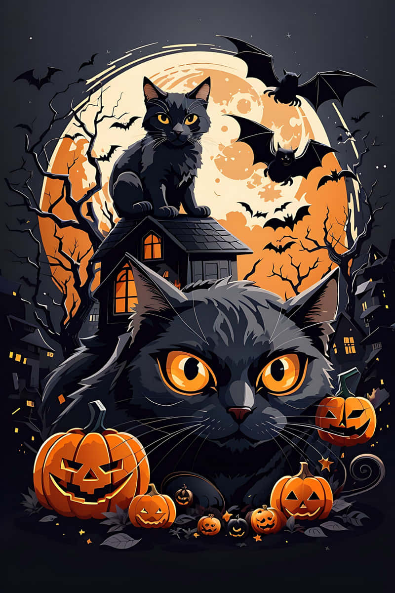 Halloween Catsand Pumpkins Illustration Wallpaper