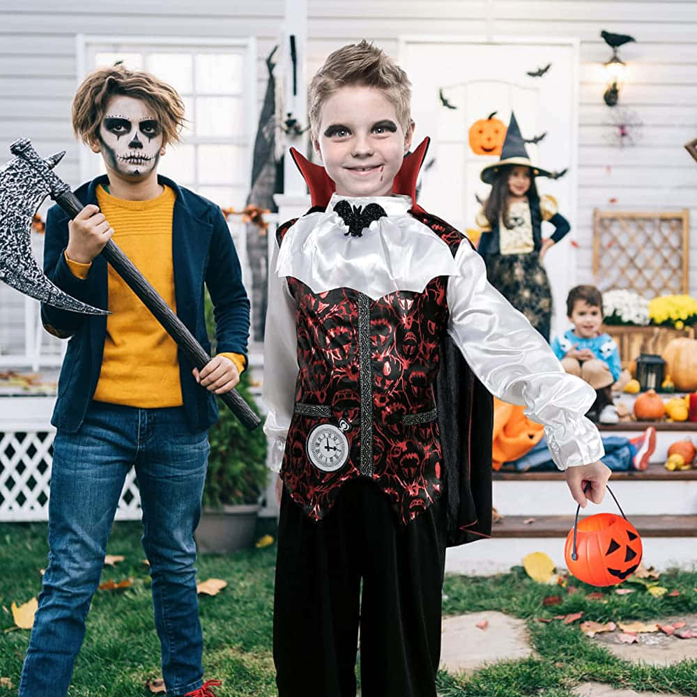 Two Children Dressed Up In Halloween Costumes