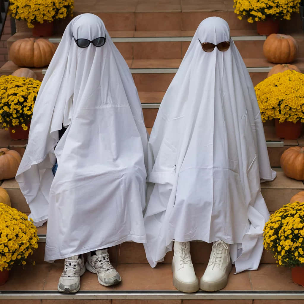 Two People Dressed In White Ghost Costumes Sit On Steps