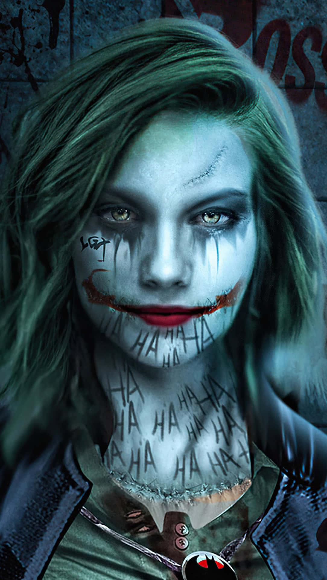 A Woman With Green Hair And A Joker Face
