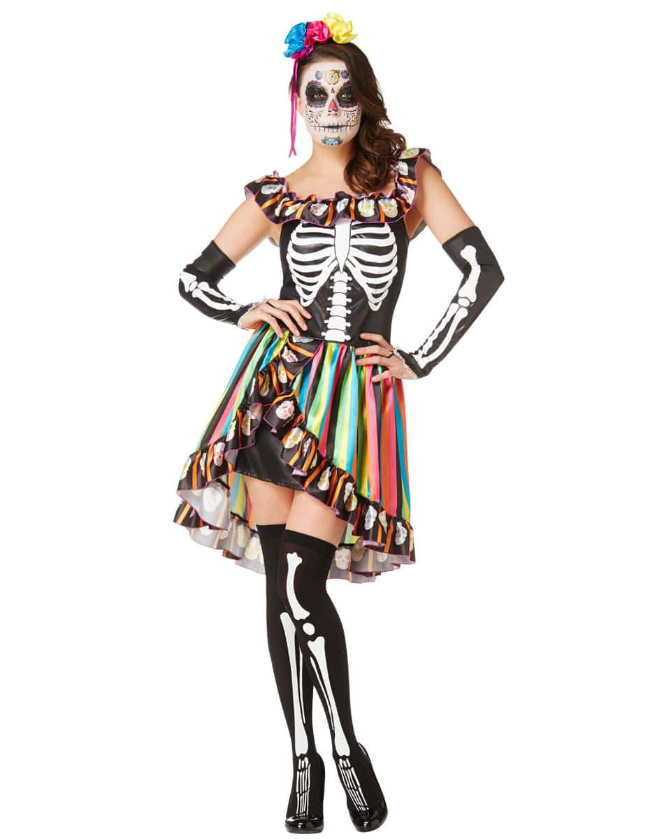A Woman In A Skeleton Costume Is Posing