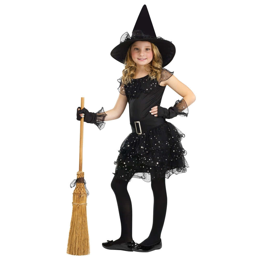 A Girl In A Black Witch Costume Holding A Broom