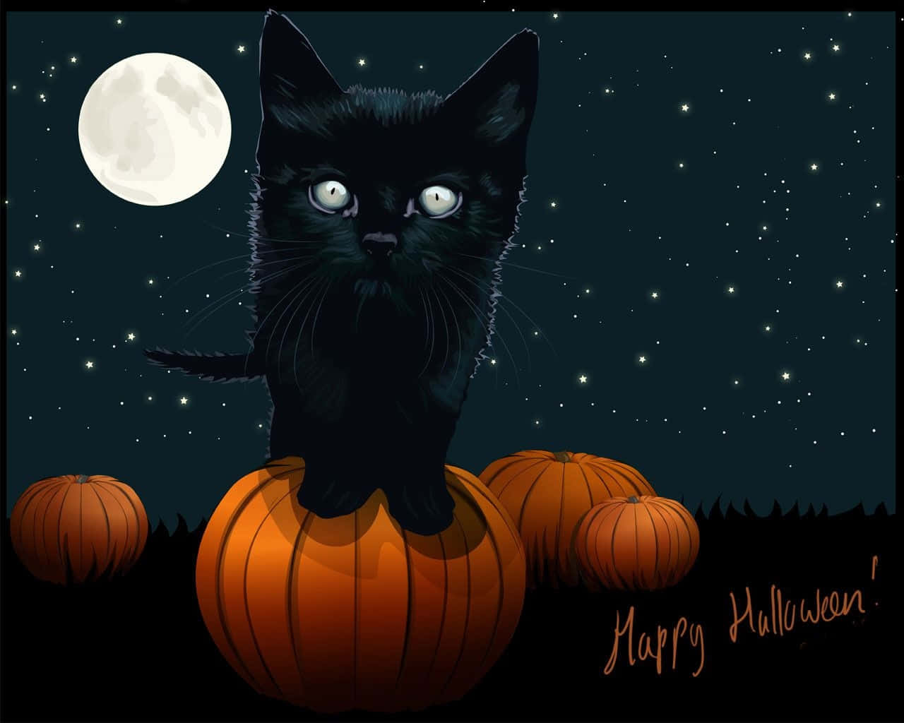 Halloweenniedliches Schwarzes Kätzchen Bild Mit Vollmond Am Himmel.