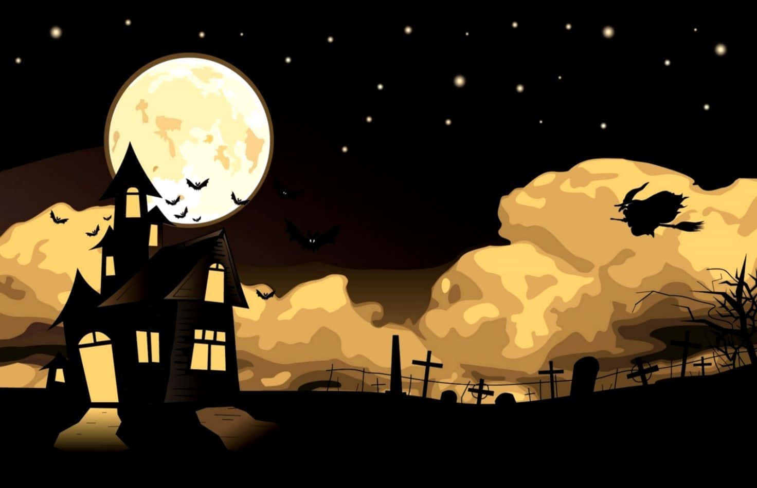 Immaginedi Halloween Carina Con Una Strega Sullo Sfondo Di Un Castello Sotto La Luna Piena.