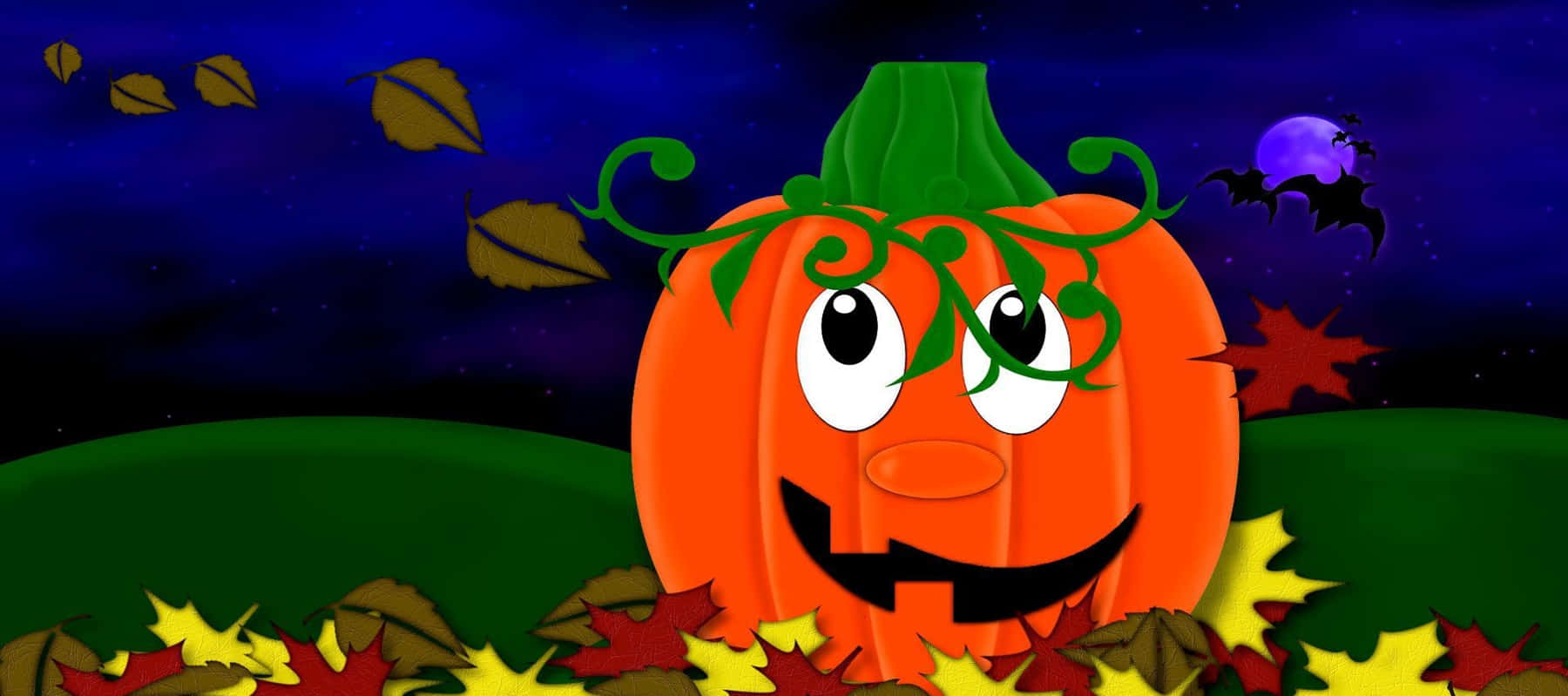 A Cartoon Pumpkin With Leaves And A Moon