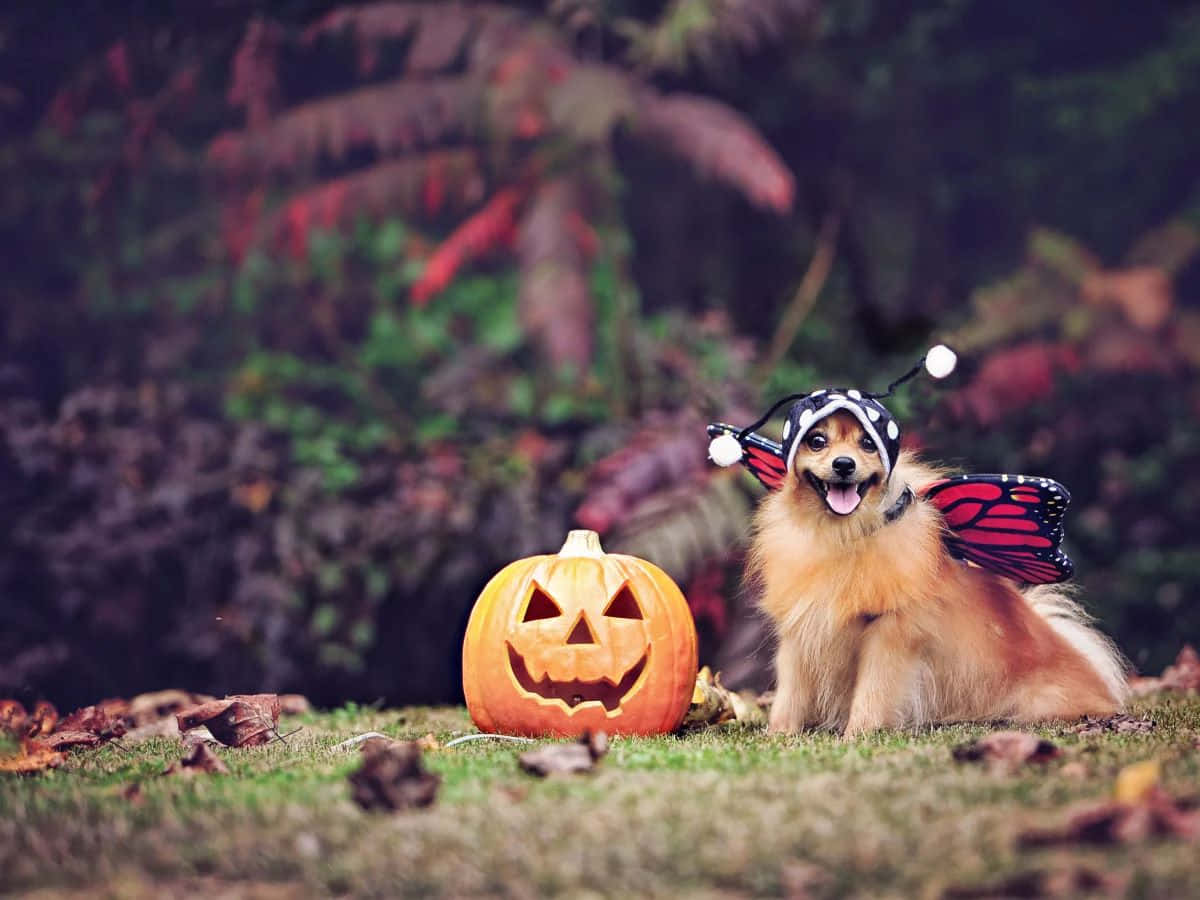 Halloween Dog With Pumpkinand Wings Wallpaper