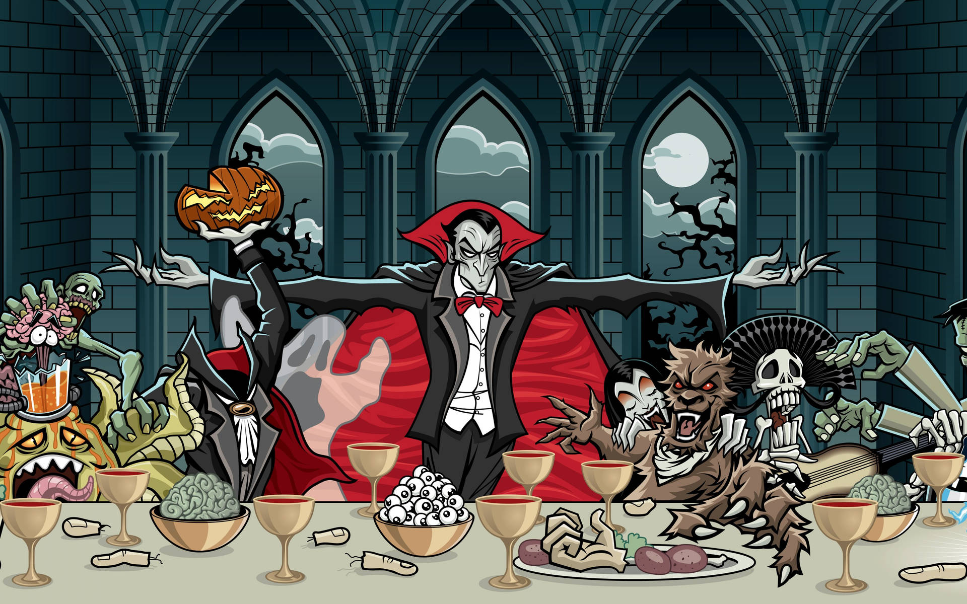 Dracula, Skeleton, vampire and pumpkins on a feast on haunted house on all hallow's eve