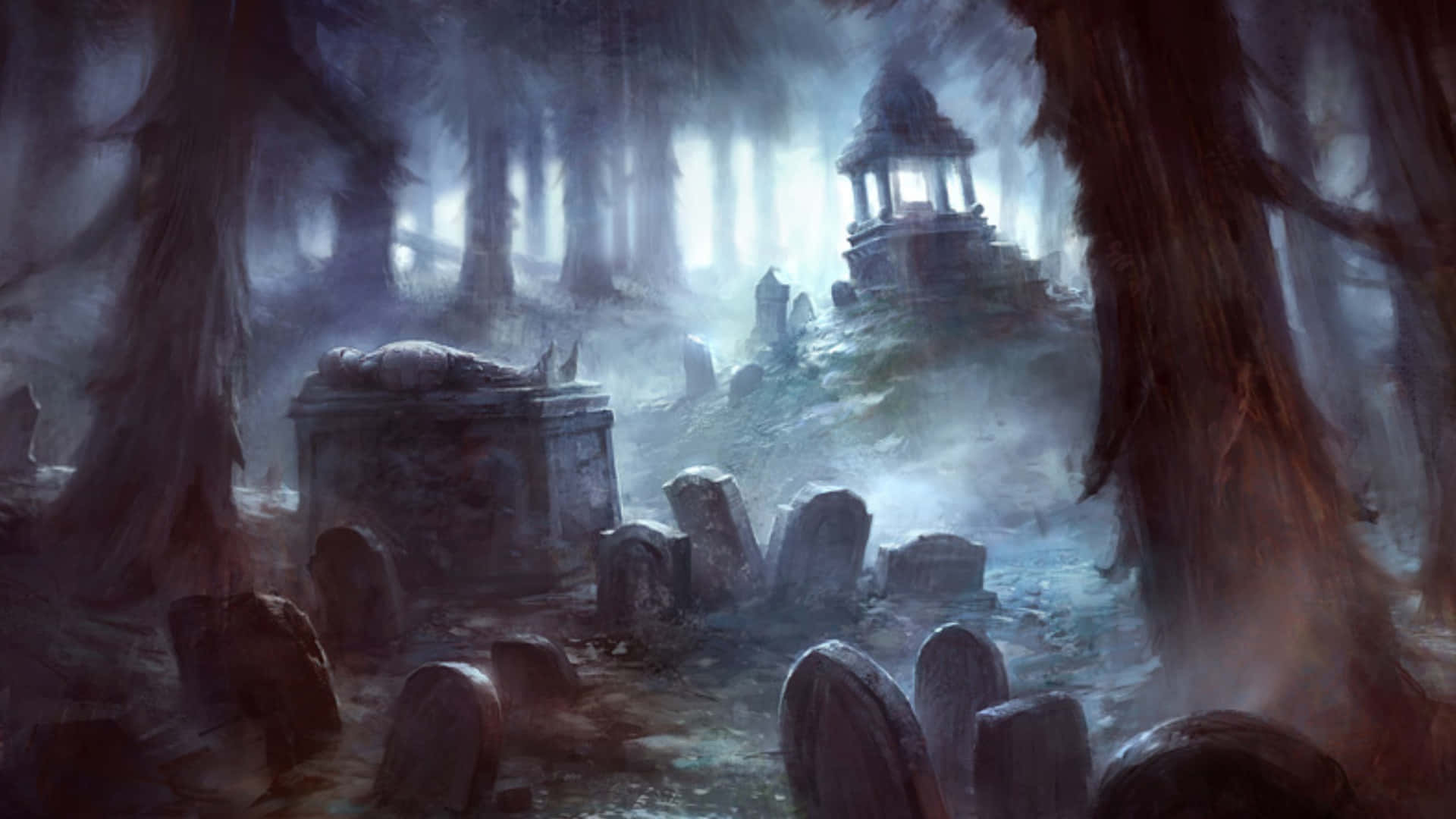 A spooky scene of a haunted graveyard just in time for Halloween Wallpaper
