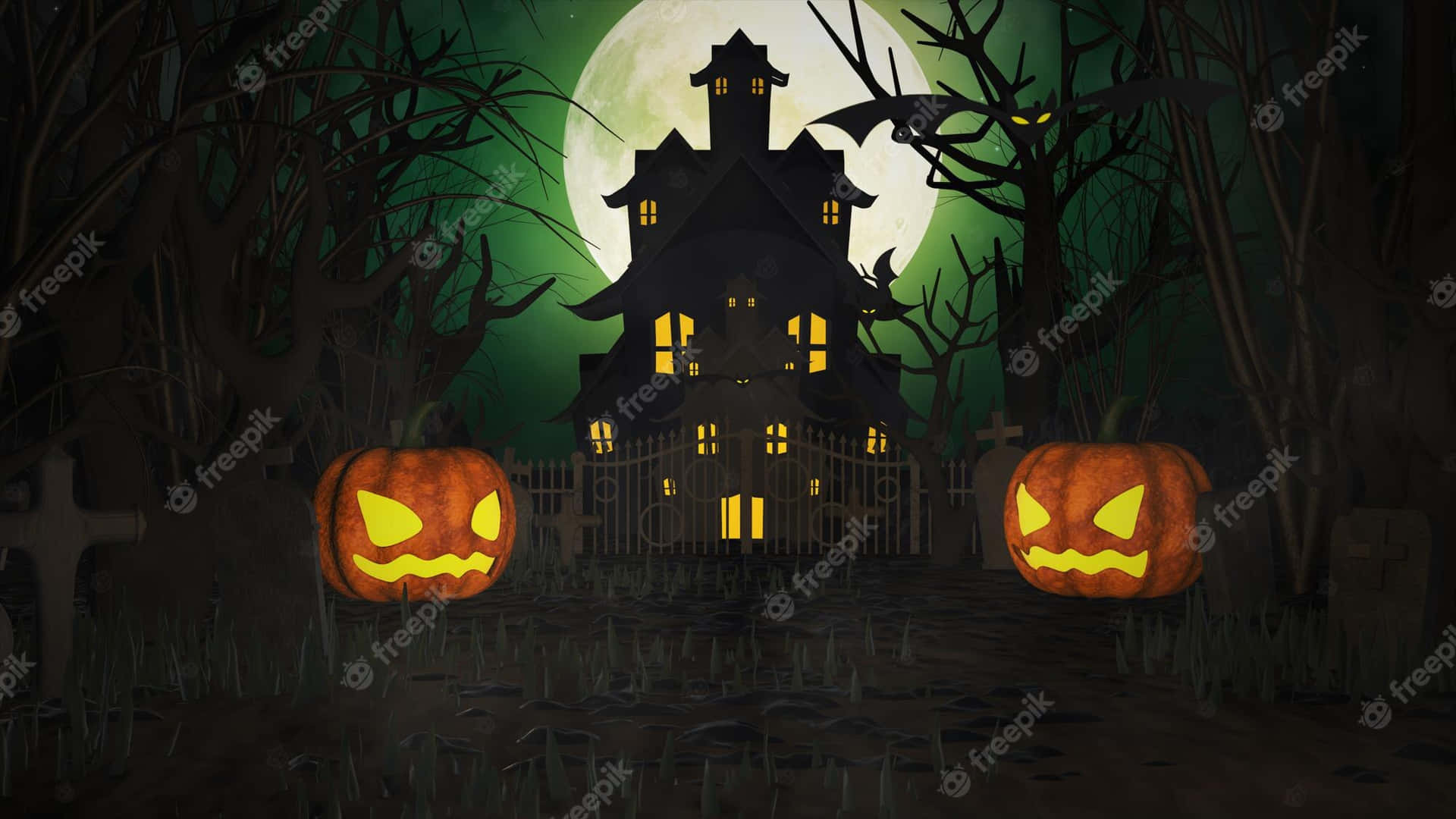 Halloween House With Pumpkins And A Full Moon Wallpaper