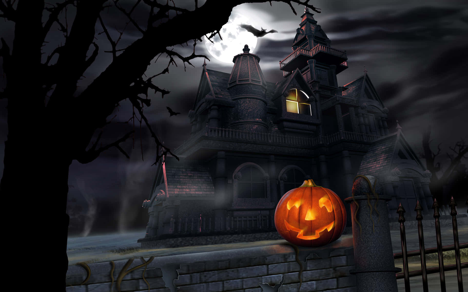 Spooky Halloween graveyard lights up the night Wallpaper
