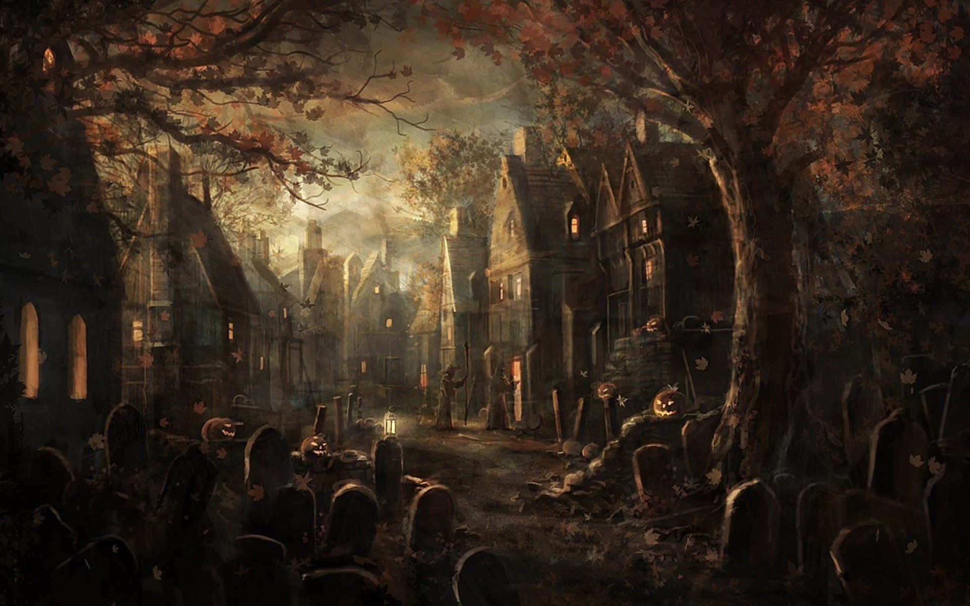 Omgivet af uhyggelige hovedsten, ser den lille pige i heksedragt dybt ind i mørket af denne Halloween gravplads. Wallpaper