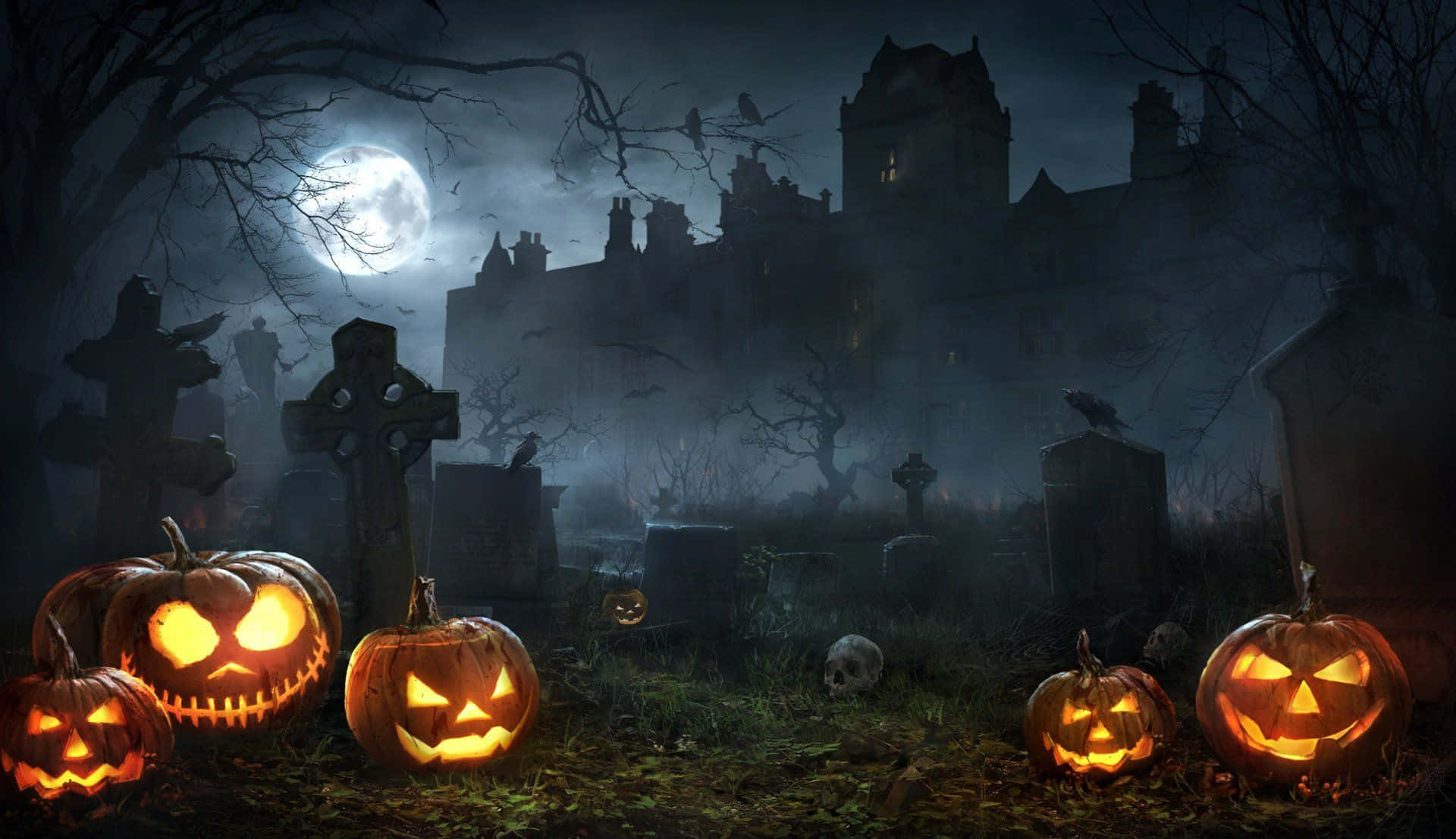 Explore the eerie ambience of an enchanted Halloween graveyard. Wallpaper
